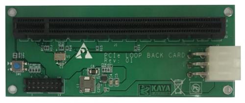Kaya KY-PCIE-G4-LPBK loopback card front external view with loopbacks on differential signals, JTAG interface, reset button, and 100MHz reference clock.