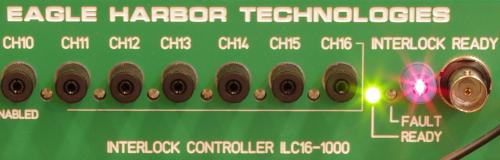 EHT ILC-16-1000 Fiber interlock controller showing the way LEDs indicate 16-channel activity.